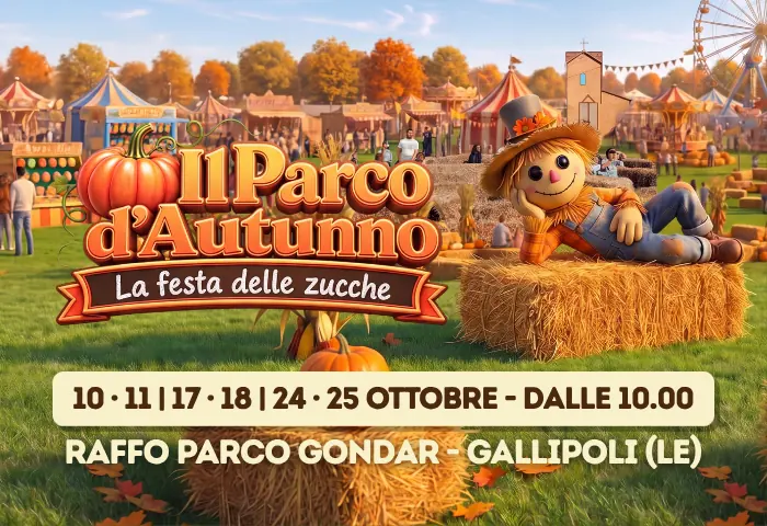 Locandina ufficiale del Parco d’Autunno 2026: 10, 11, 17, 18, 24, 25 ottobre dalle 10.00, Raffo Parco Gondar, Gallipoli