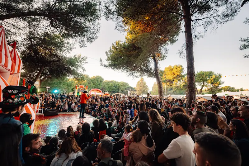 Grande pubblico guarda spettacolo in pineta